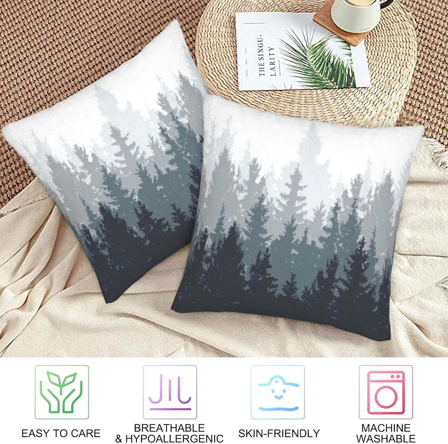Misty Forest Pillow Covers 18X18 inch Set of 2 Coniferous Trees Throw Pillow Covers Abstract Art Outdoors Decorative Cushion Case for Bed Couch Sofa Home