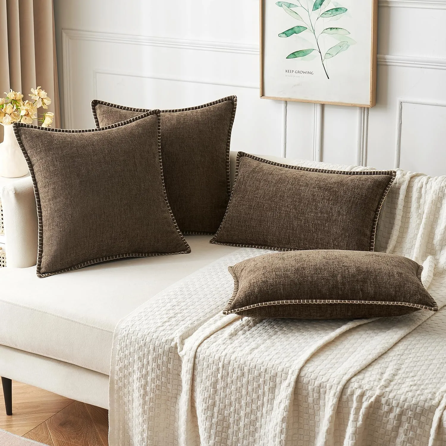 MIULEE Pack of 2 Couch Throw Pillow Covers 12x20 Inch Brown Farmhouse Decorative Pillow Covers with Stitched Edge Soft Chenille Solid Dyed Spring Pillow Covers for Sofa Bed Living Room