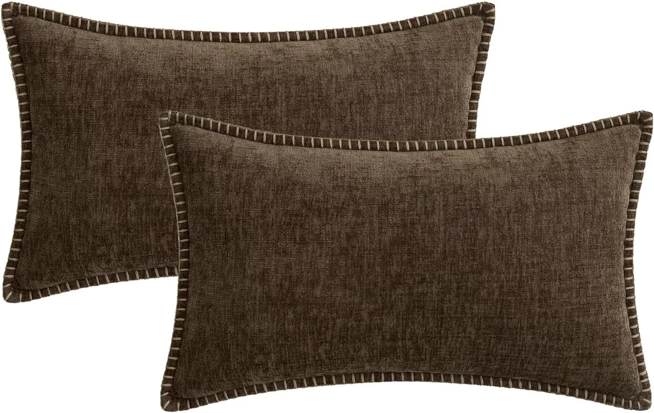 MIULEE Pack of 2 Couch Throw Pillow Covers 12x20 Inch Brown Farmhouse Decorative Pillow Covers with Stitched Edge Soft Chenille Solid Dyed Spring Pillow Covers for Sofa Bed Living Room