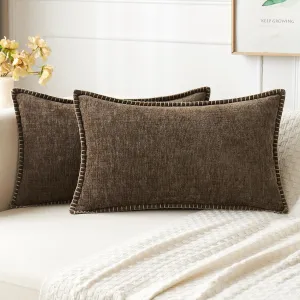 MIULEE Pack of 2 Couch Throw Pillow Covers 12x20 Inch Brown Farmhouse Decorative Pillow Covers with Stitched Edge Soft Chenille Solid Dyed Spring Pillow Covers for Sofa Bed Living Room