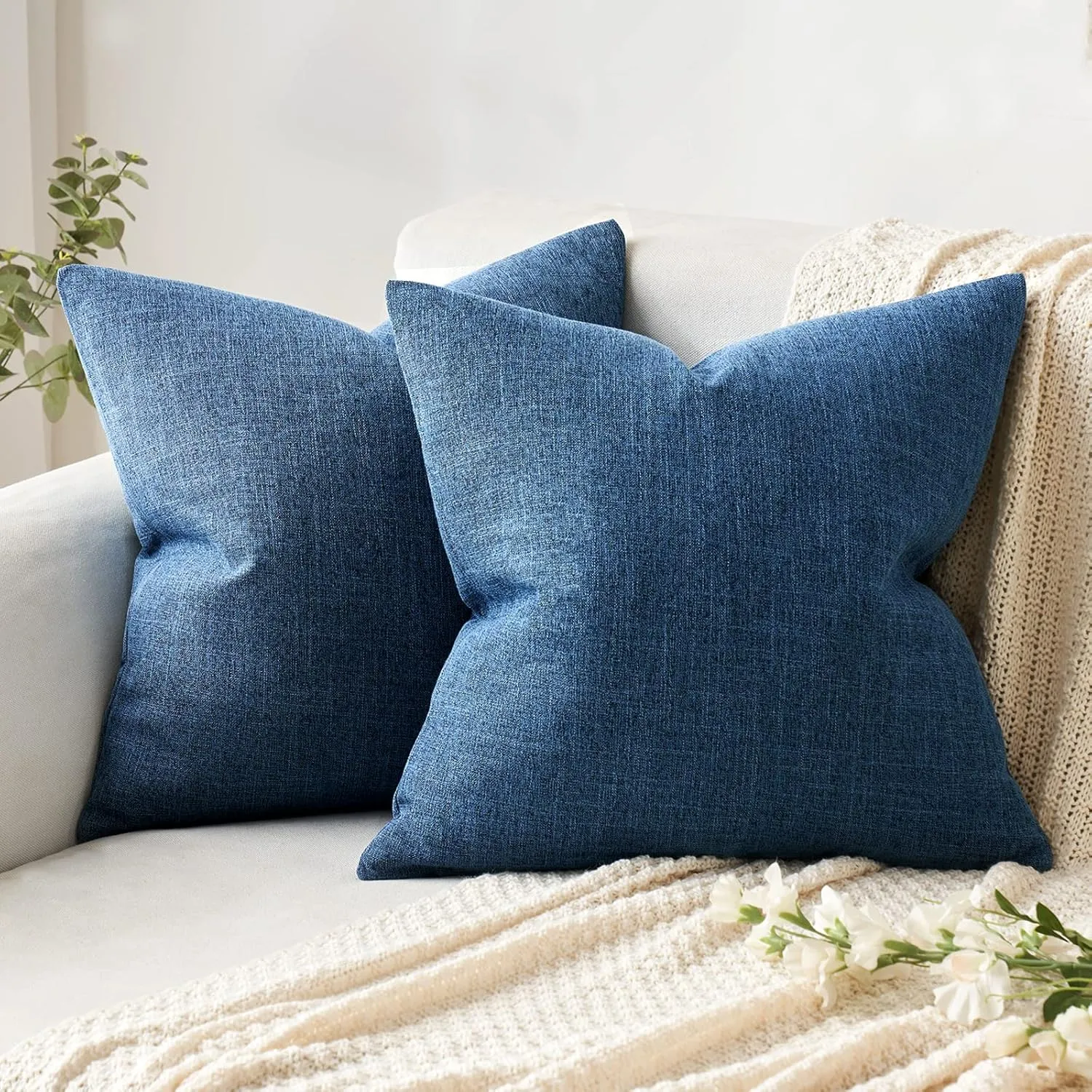MIULEE Pack of 2 Decorative Linen Burlap Coastal Pillow Covers Farmhouse Accent Pillowcases for Sofa Car Couch Bedroom Living Room Decor 20x20 Inch Blue