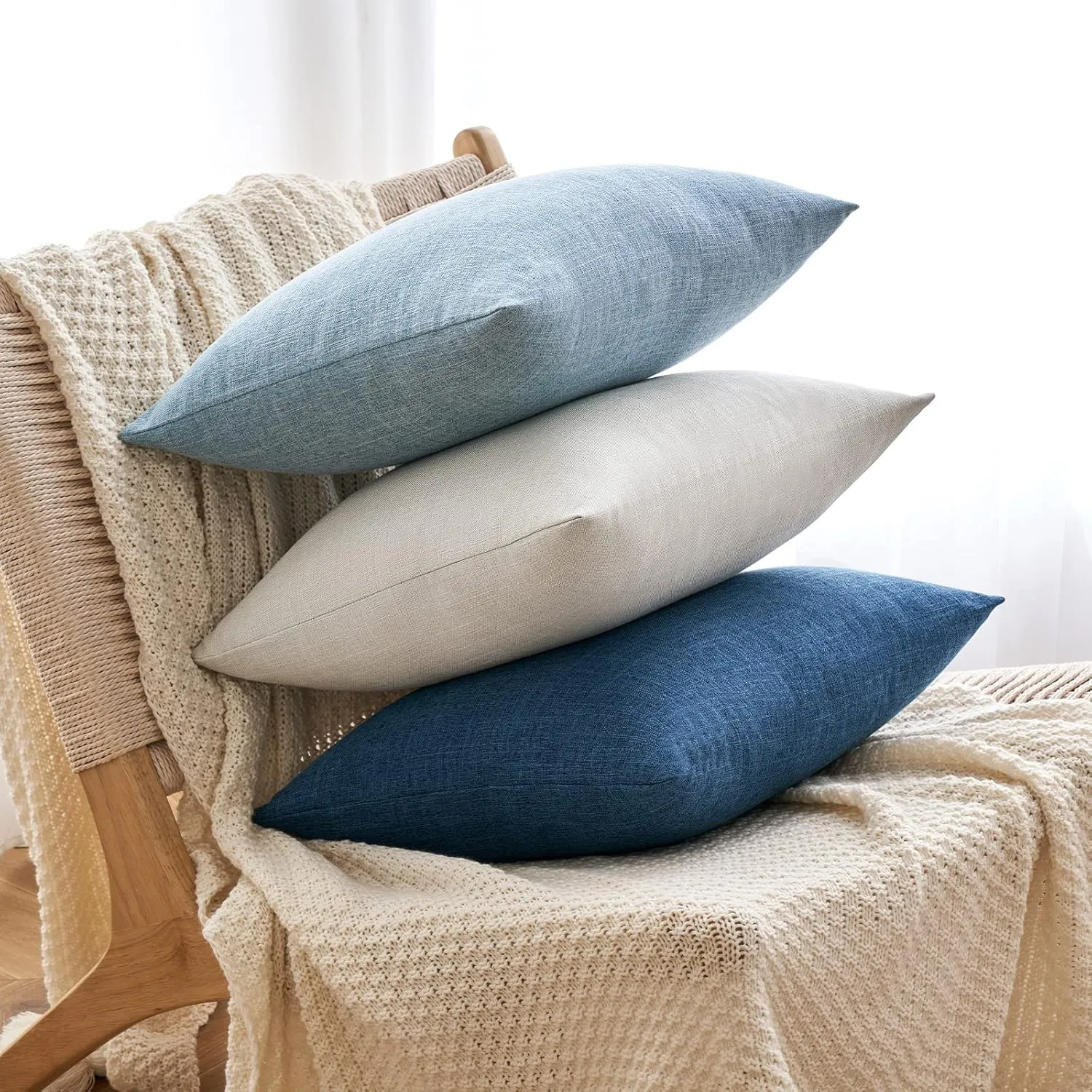 MIULEE Pack of 2 Decorative Linen Burlap Coastal Pillow Covers Farmhouse Accent Pillowcases for Sofa Car Couch Bedroom Living Room Decor 20x20 Inch Blue