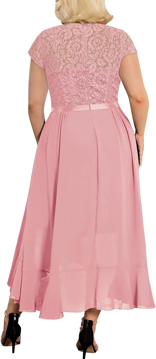 Miusol Women's Plus Size V Neck Elegant Floral Lace Ruffle Bridesmaid Maxi Dress