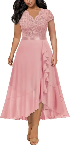 Miusol Women's Plus Size V Neck Elegant Floral Lace Ruffle Bridesmaid Maxi Dress