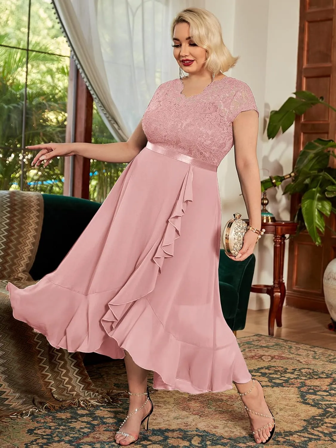 Miusol Women's Plus Size V Neck Elegant Floral Lace Ruffle Bridesmaid Maxi Dress