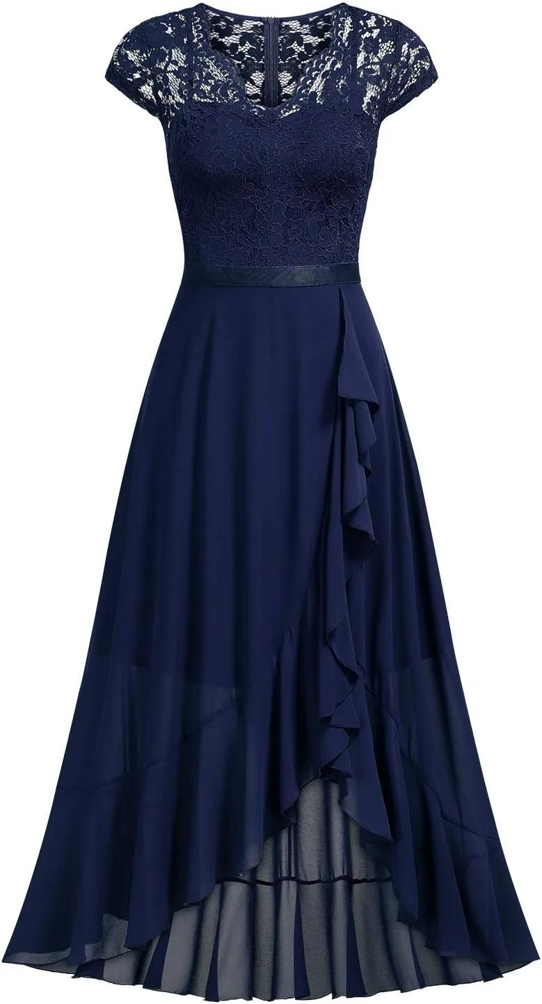 Miusol Women's V Neck Elegant Lace Ruffle Bridesmaid Maxi Dress