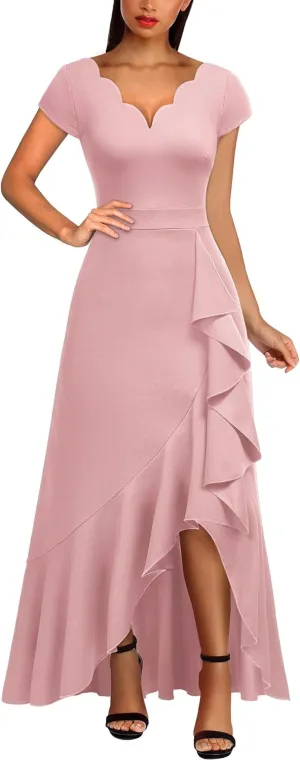 Miusol Women's Vintage V Neck Ruffle Split Bridesmaid Party Long Dress