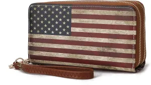 MKF Collection USA Wristlet Wallet for Women's, American Flag Vegan Leather Double Zipper Multi Pocket Small Patriotic Purse