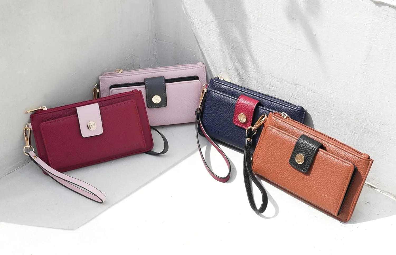 MKF Collection Wallet Wristlet for Women, Multi Compartment Color Block Wristlet Strap Purse Cognac Black By Mia K