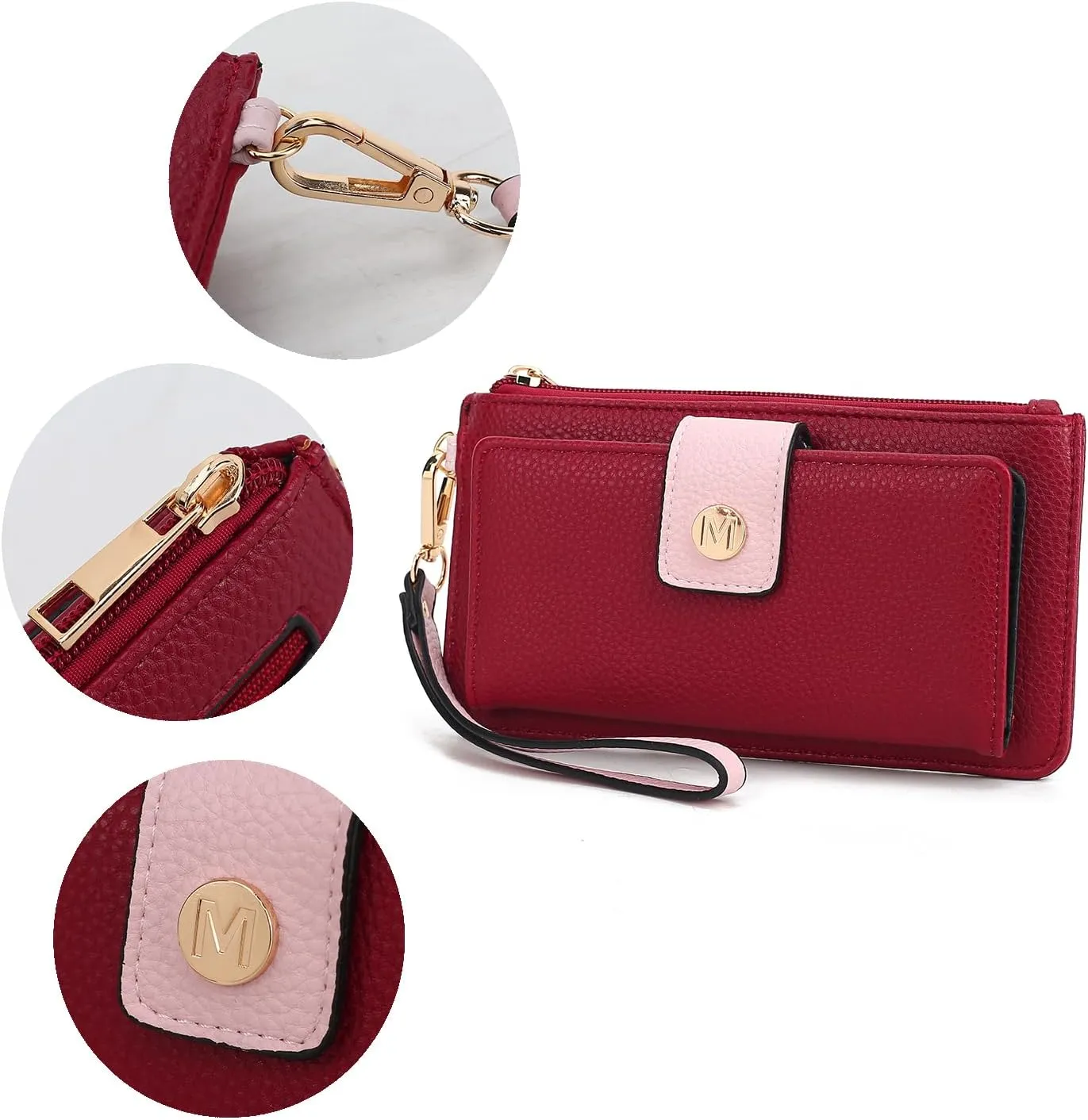 MKF Collection Wallet Wristlet for Women, Multi Compartment Color Block Wristlet Strap Purse Cognac Black By Mia K