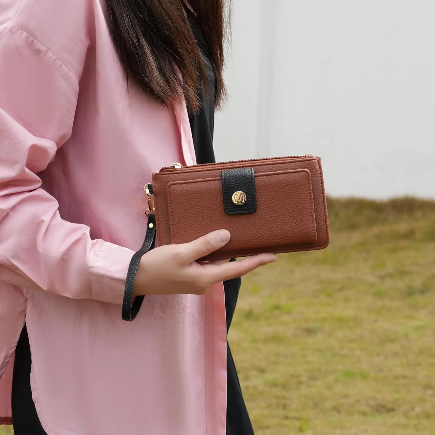 MKF Collection Wallet Wristlet for Women, Multi Compartment Color Block Wristlet Strap Purse Cognac Black By Mia K