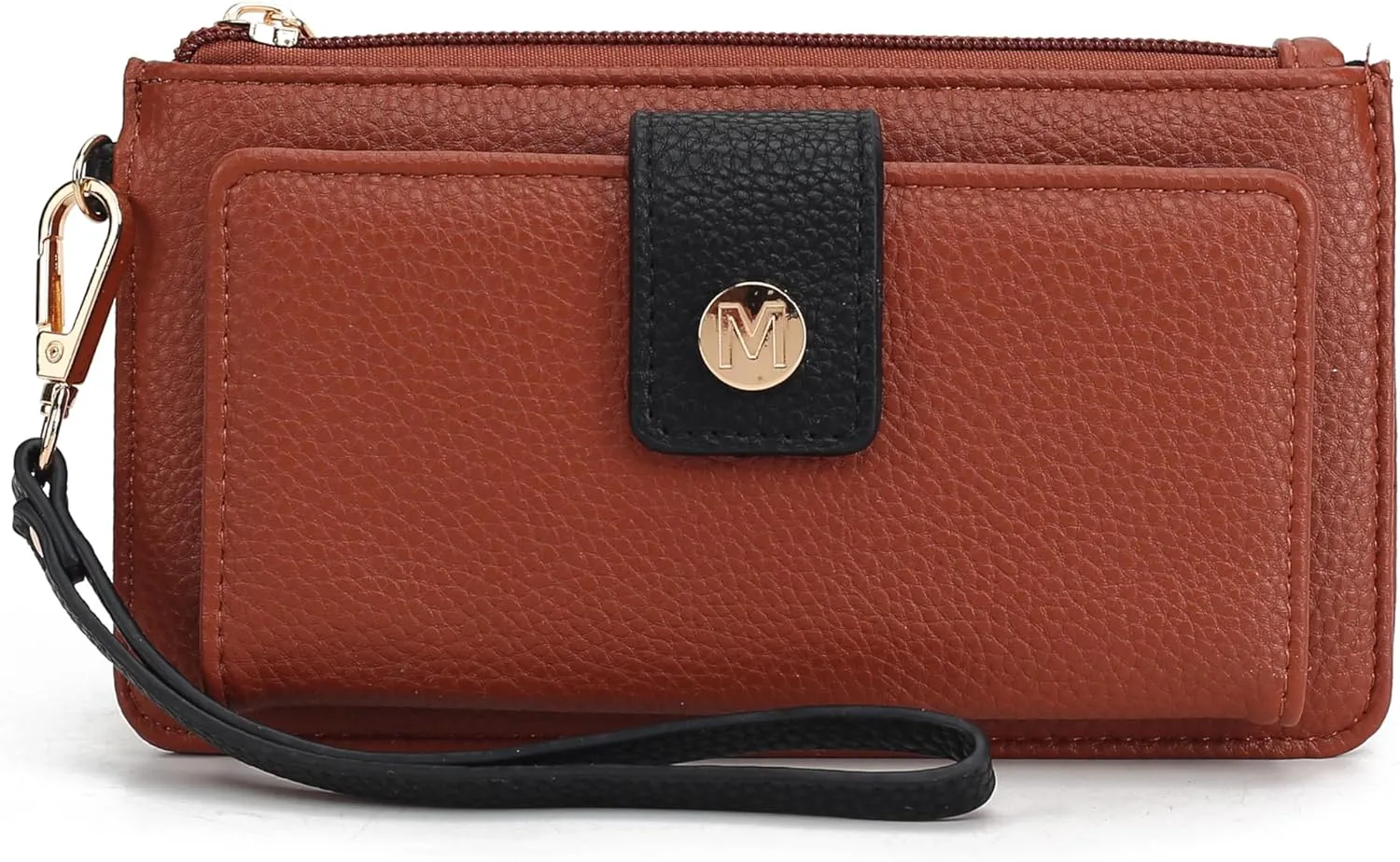 MKF Collection Wallet Wristlet for Women, Multi Compartment Color Block Wristlet Strap Purse Cognac Black By Mia K