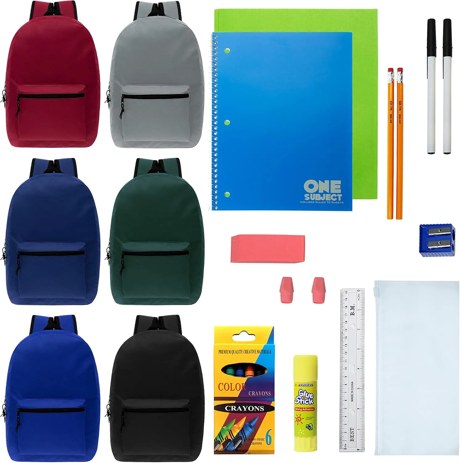 Moda West 15 Inch Wholesale Backpacks in 6 Assorted Colors with 18 Piece School Supply Kits Bulk - Case of 24 of Each