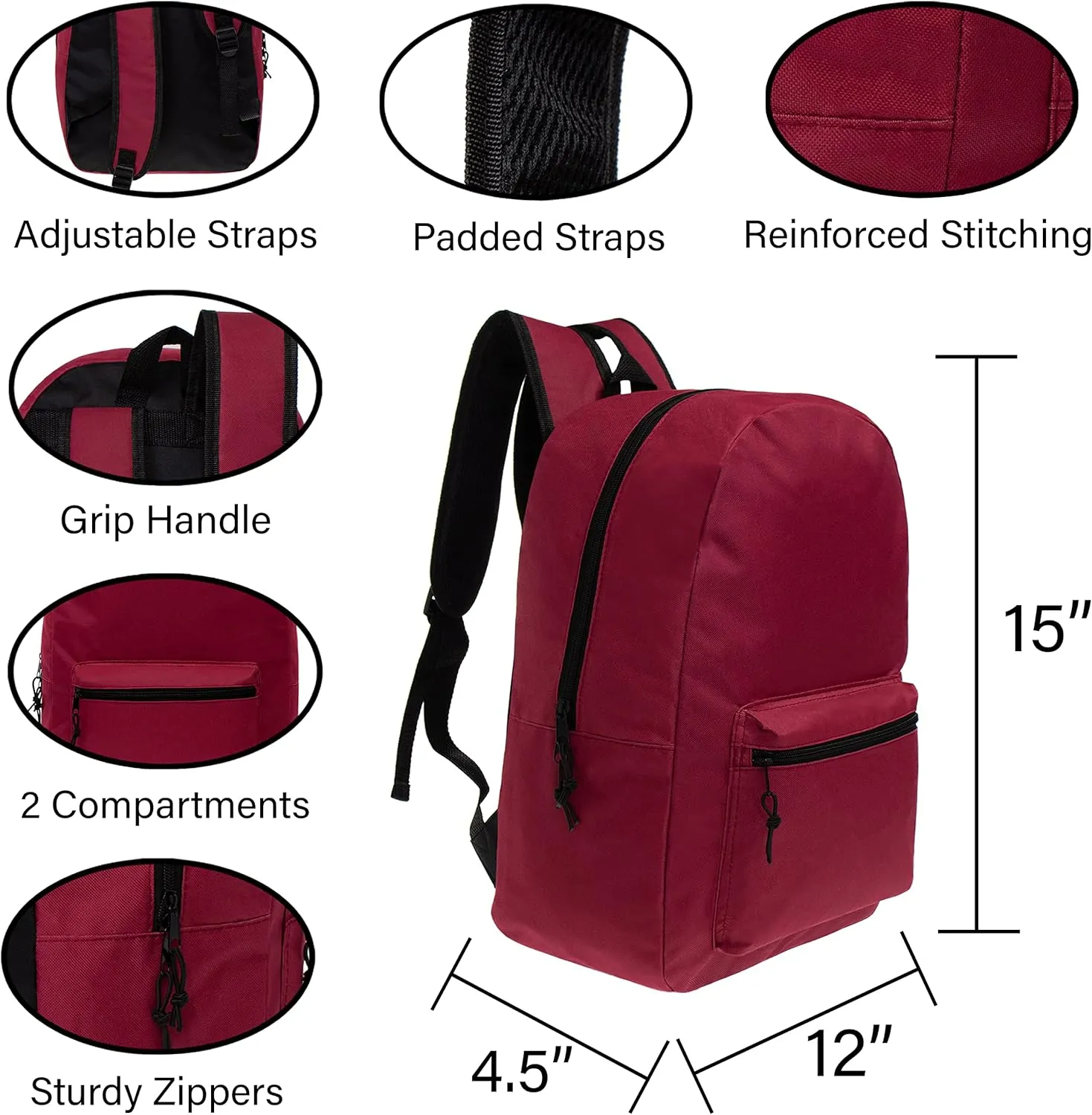 Moda West 15 Inch Wholesale Backpacks in 6 Assorted Colors with 18 Piece School Supply Kits Bulk - Case of 24 of Each