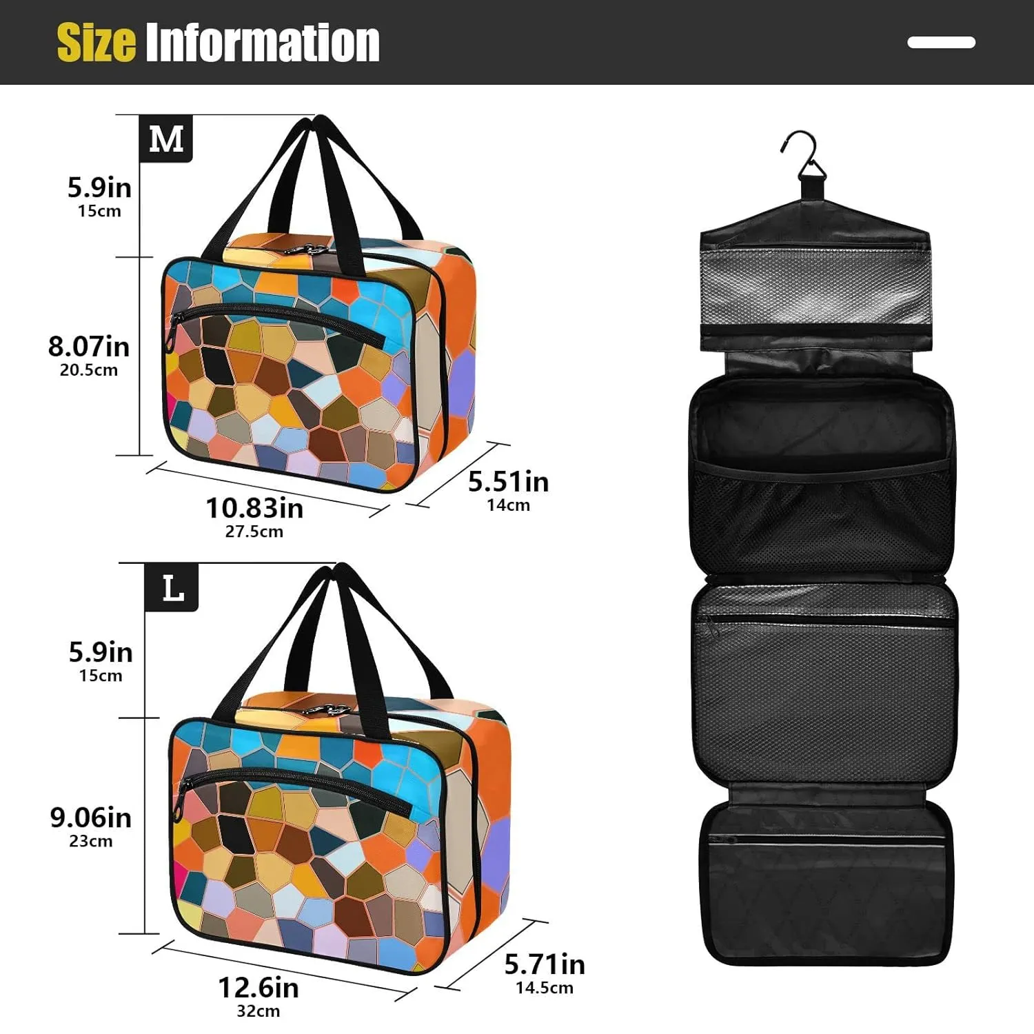 Modern Mosaic Abstract Geometric Texture Backdrop Textiles 1 PC Hanging Travel Wash bag with Handles, Portable Makeup Organizer Brush Storage Case Portable Travel Cosmetic with Hook L