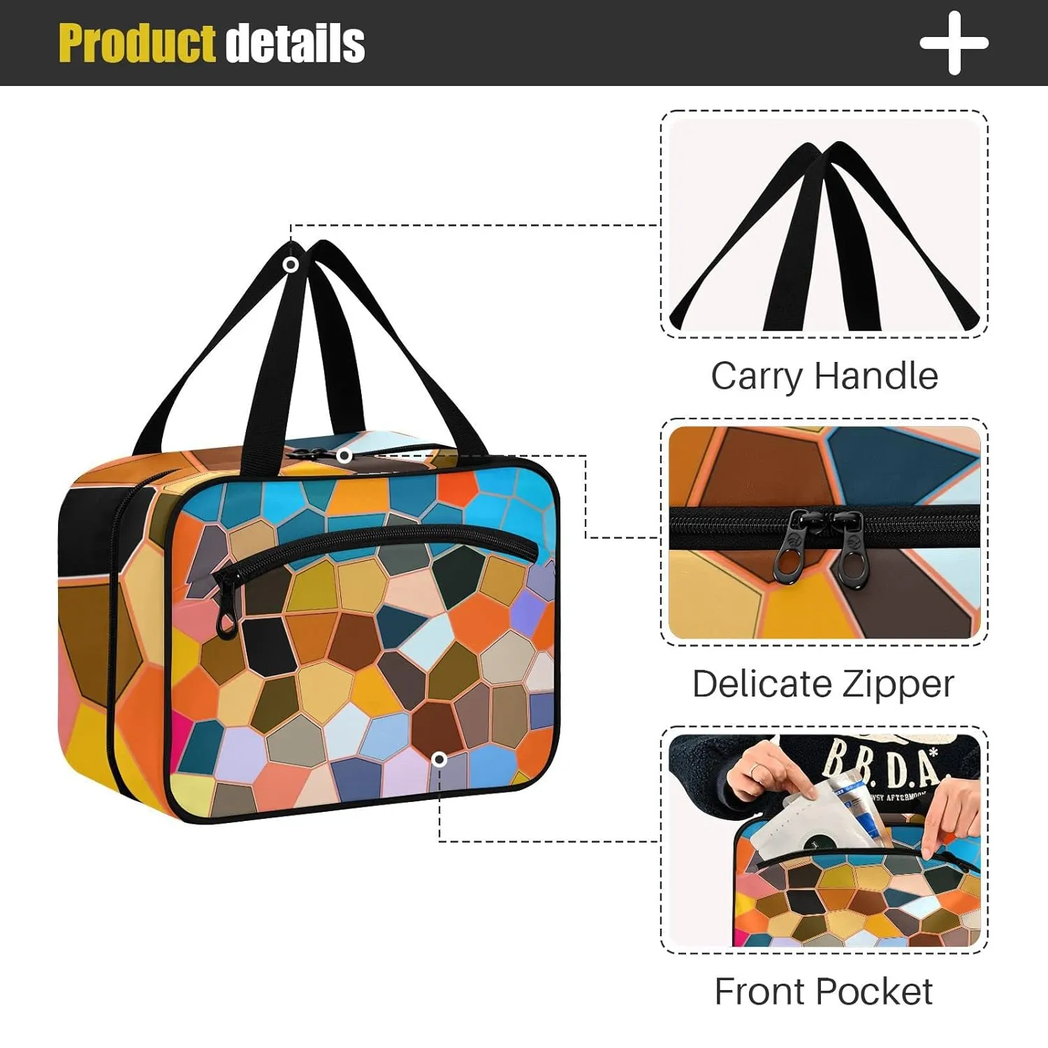 Modern Mosaic Abstract Geometric Texture Backdrop Textiles 1 PC Hanging Travel Wash bag with Handles, Portable Makeup Organizer Brush Storage Case Portable Travel Cosmetic with Hook L