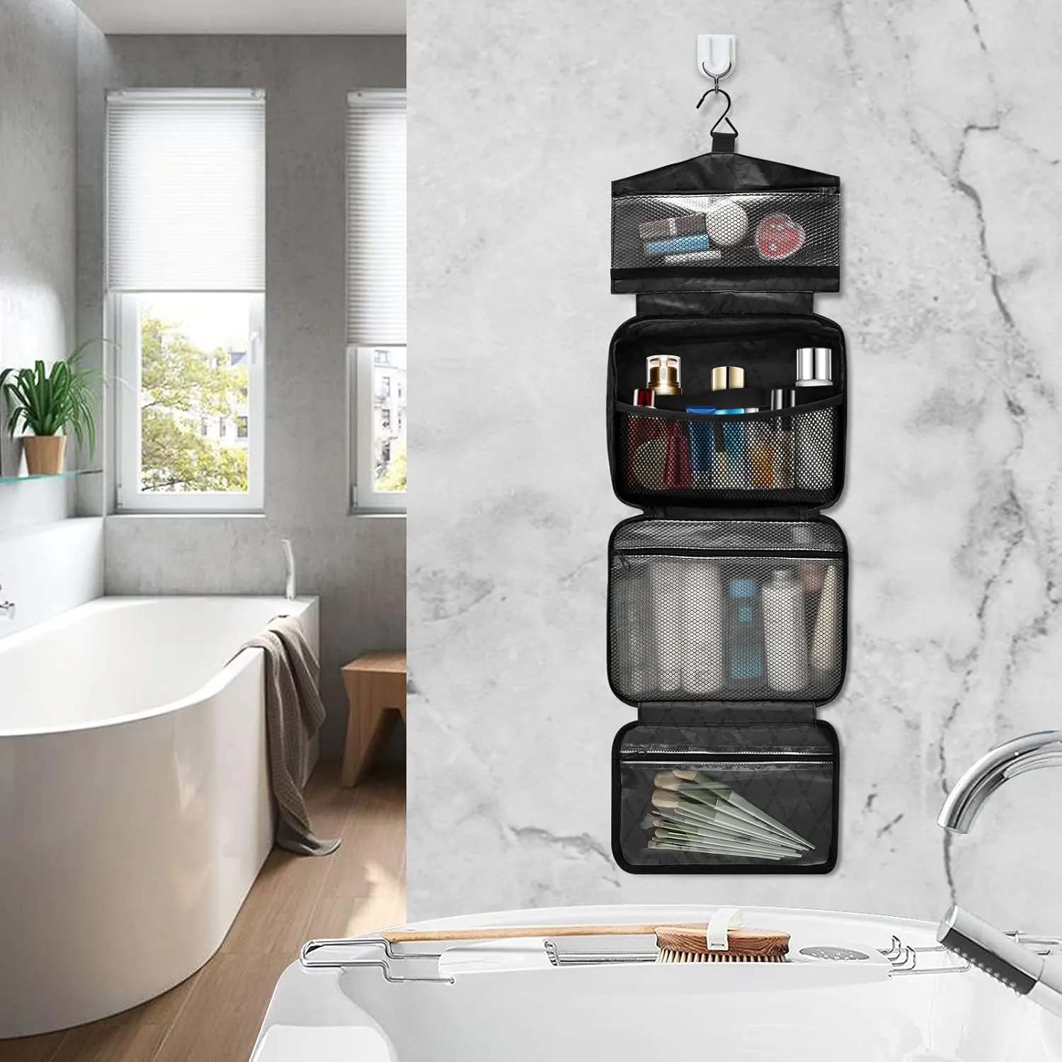 Modern Mosaic Abstract Geometric Texture Backdrop Textiles 1 PC Hanging Travel Wash bag with Handles, Portable Makeup Organizer Brush Storage Case Portable Travel Cosmetic with Hook L