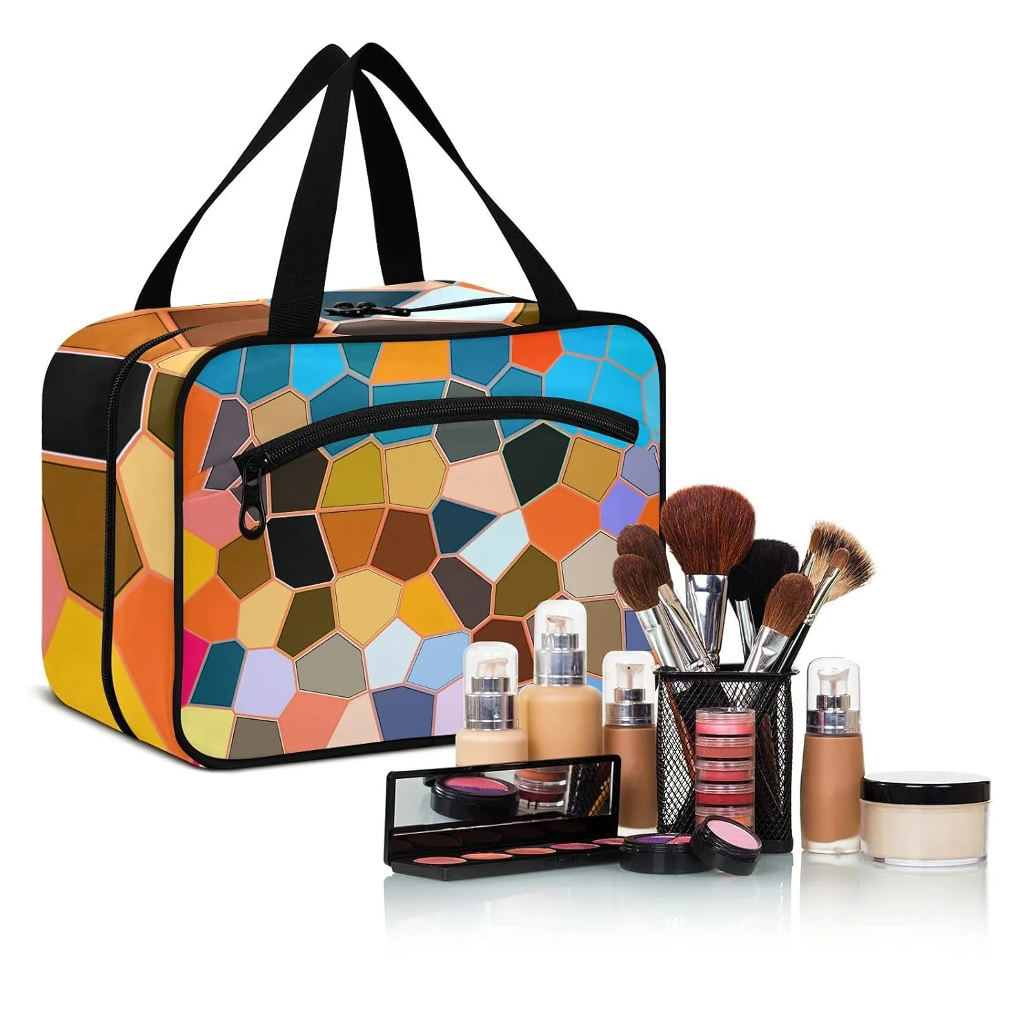 Modern Mosaic Abstract Geometric Texture Backdrop Textiles 1 PC Hanging Travel Wash bag with Handles, Portable Makeup Organizer Brush Storage Case Portable Travel Cosmetic with Hook L