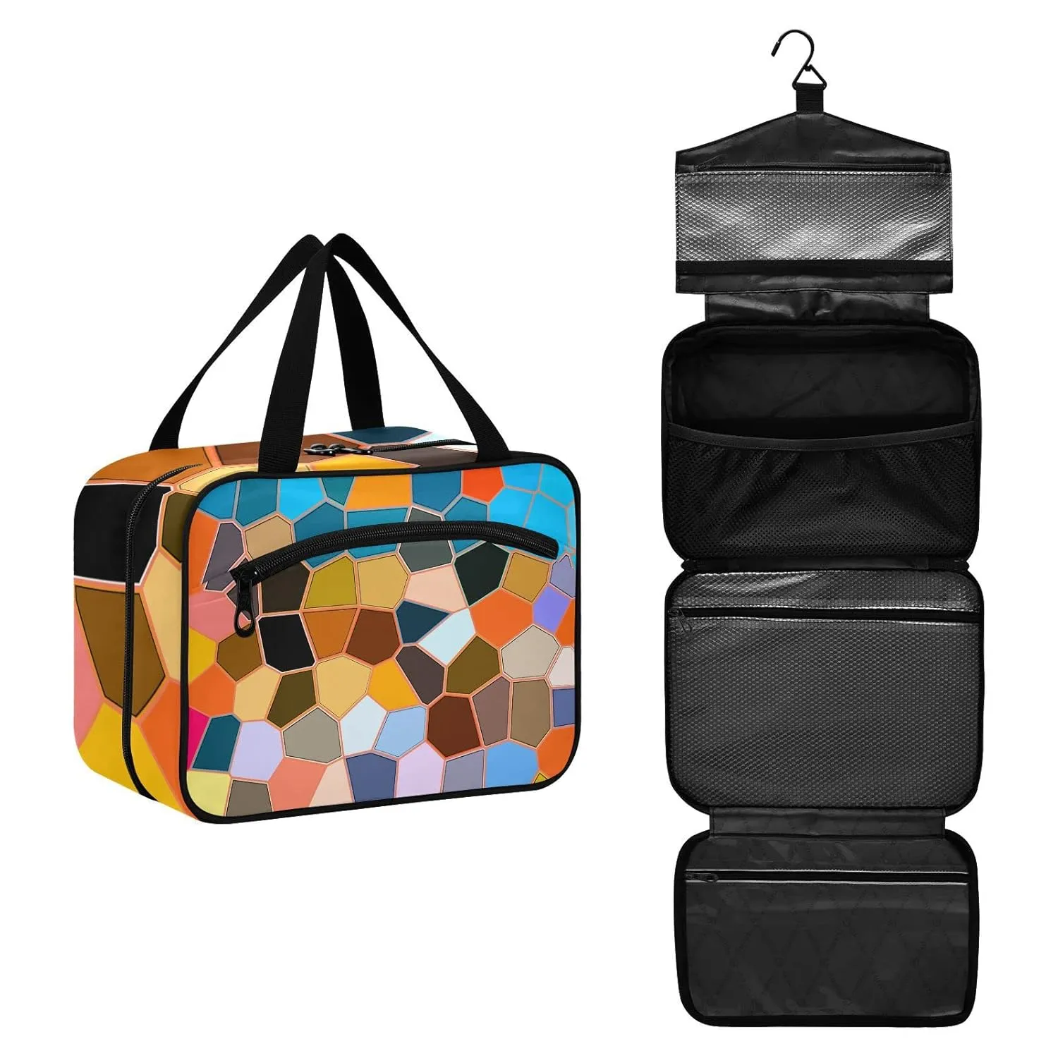 Modern Mosaic Abstract Geometric Texture Backdrop Textiles 1 PC Hanging Travel Wash bag with Handles, Portable Makeup Organizer Brush Storage Case Portable Travel Cosmetic with Hook L