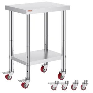 Mophorn 24x18x34 Inch Stainless Steel Work Table 3-Stage Adjustable Shelf with 4 Wheels Heavy Duty Commercial Food Prep Worktable with Brake for Kitchen Prep Work