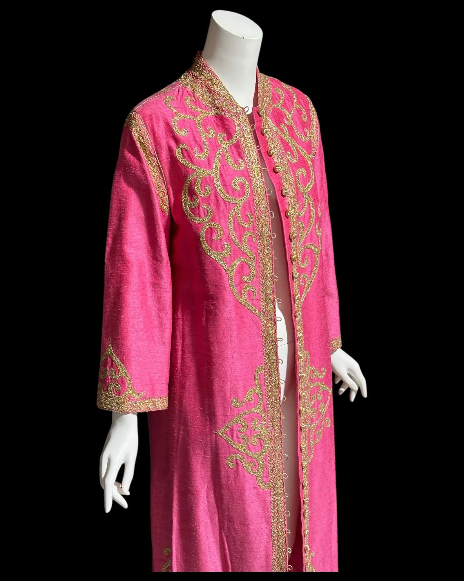 MOROCCAN KAFTAN vintage 1960s raw silk caftan dress, Hand Made Hot Pink and gold metallic