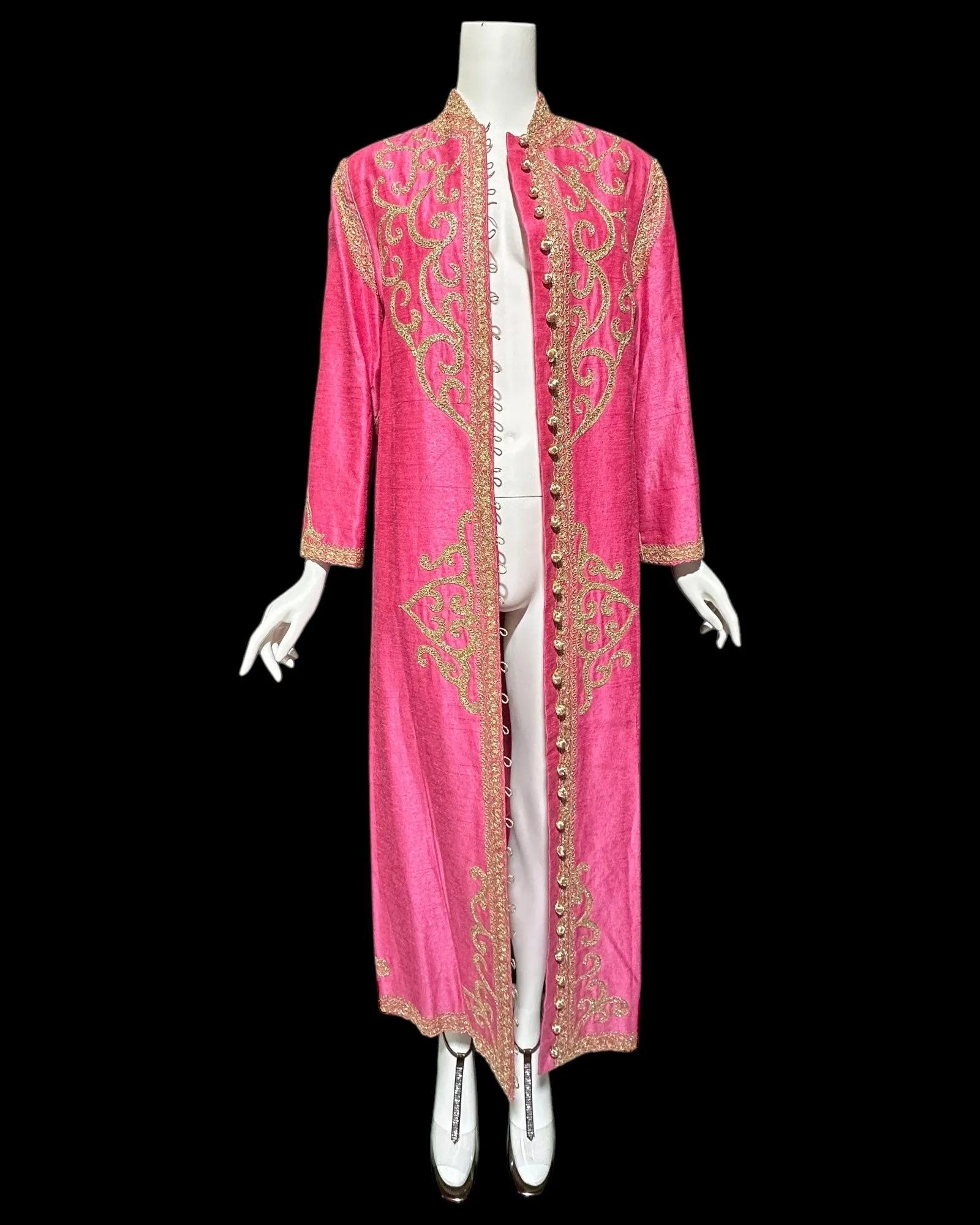MOROCCAN KAFTAN vintage 1960s raw silk caftan dress, Hand Made Hot Pink and gold metallic