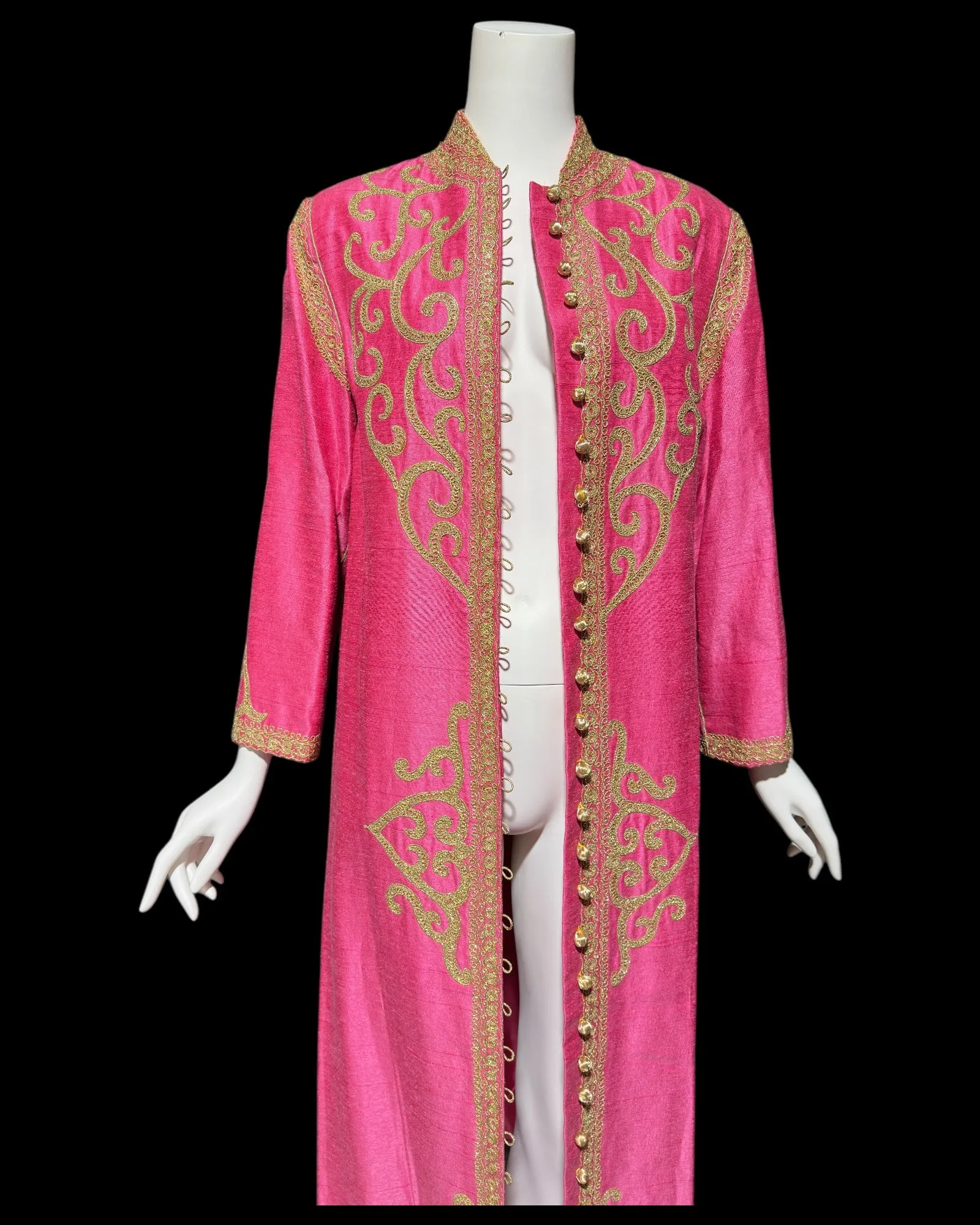 MOROCCAN KAFTAN vintage 1960s raw silk caftan dress, Hand Made Hot Pink and gold metallic