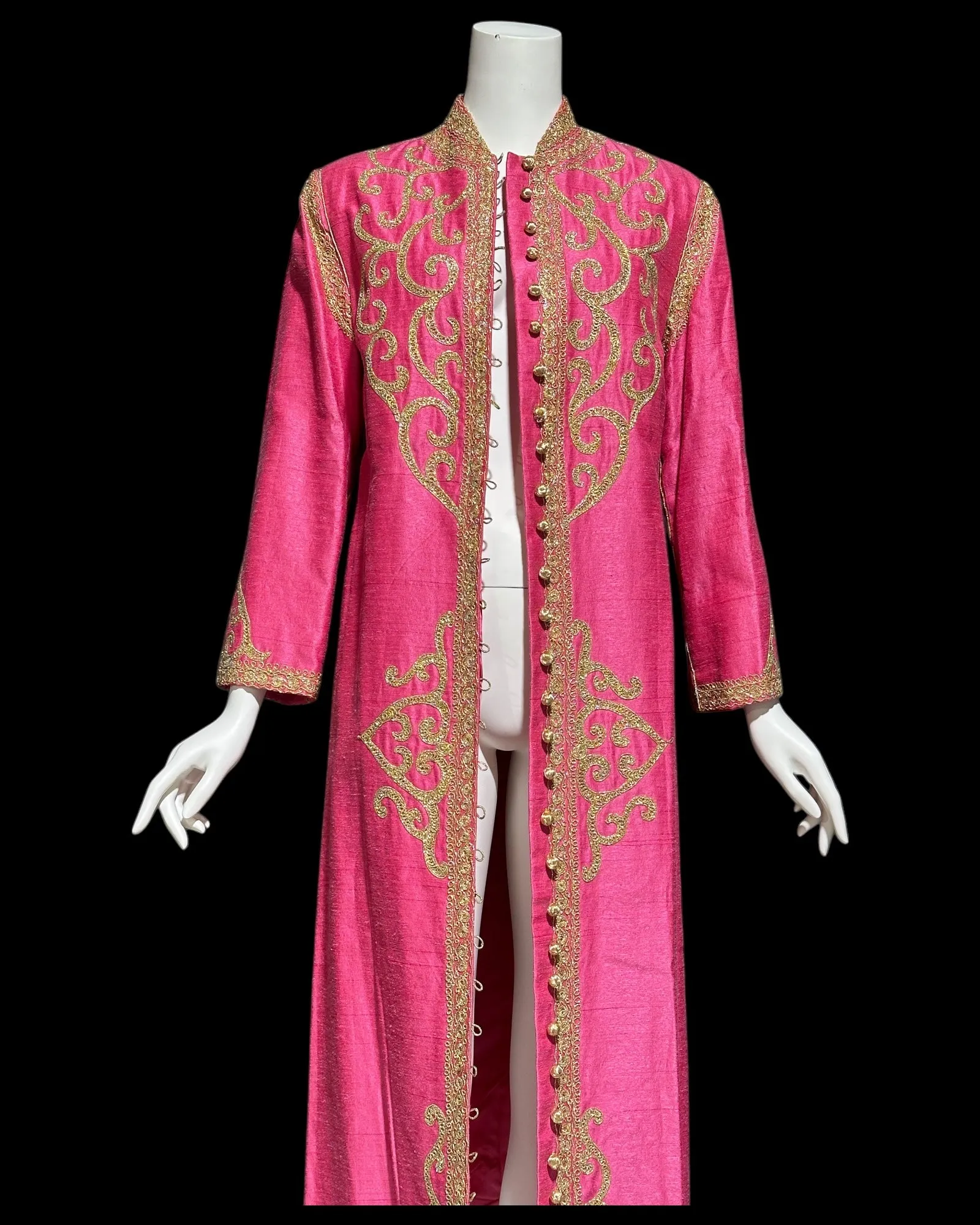 MOROCCAN KAFTAN vintage 1960s raw silk caftan dress, Hand Made Hot Pink and gold metallic