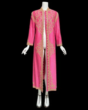 MOROCCAN KAFTAN vintage 1960s raw silk caftan dress, Hand Made Hot Pink and gold metallic