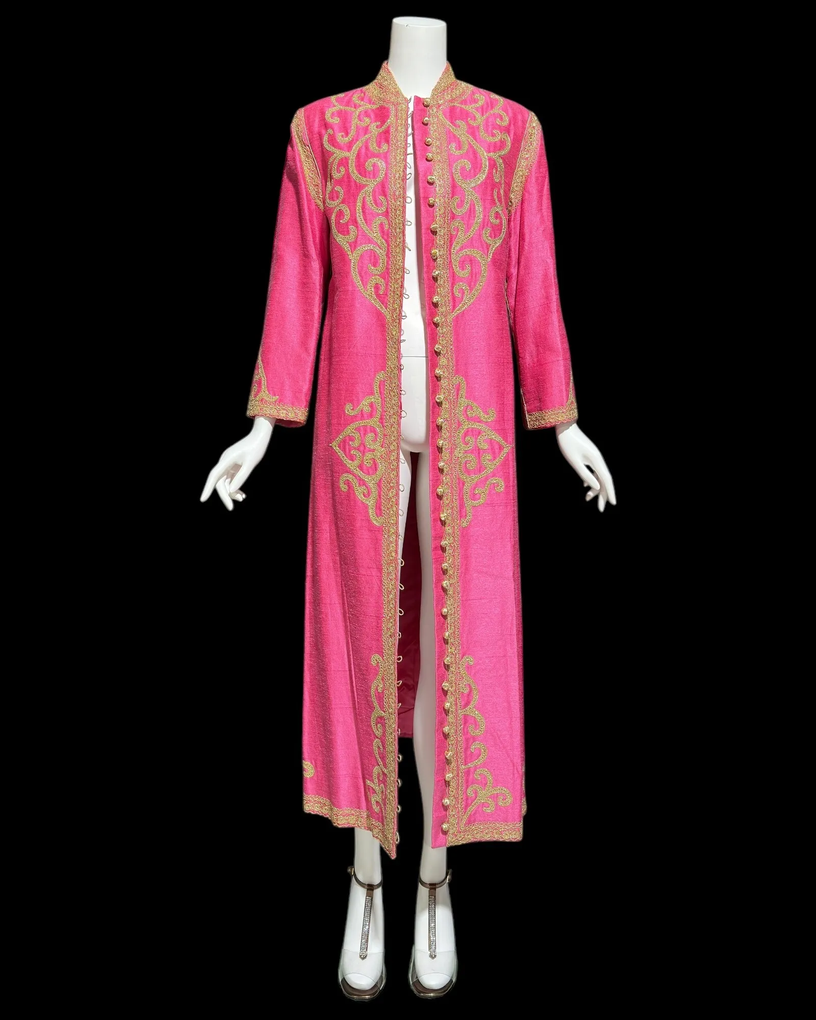 MOROCCAN KAFTAN vintage 1960s raw silk caftan dress, Hand Made Hot Pink and gold metallic