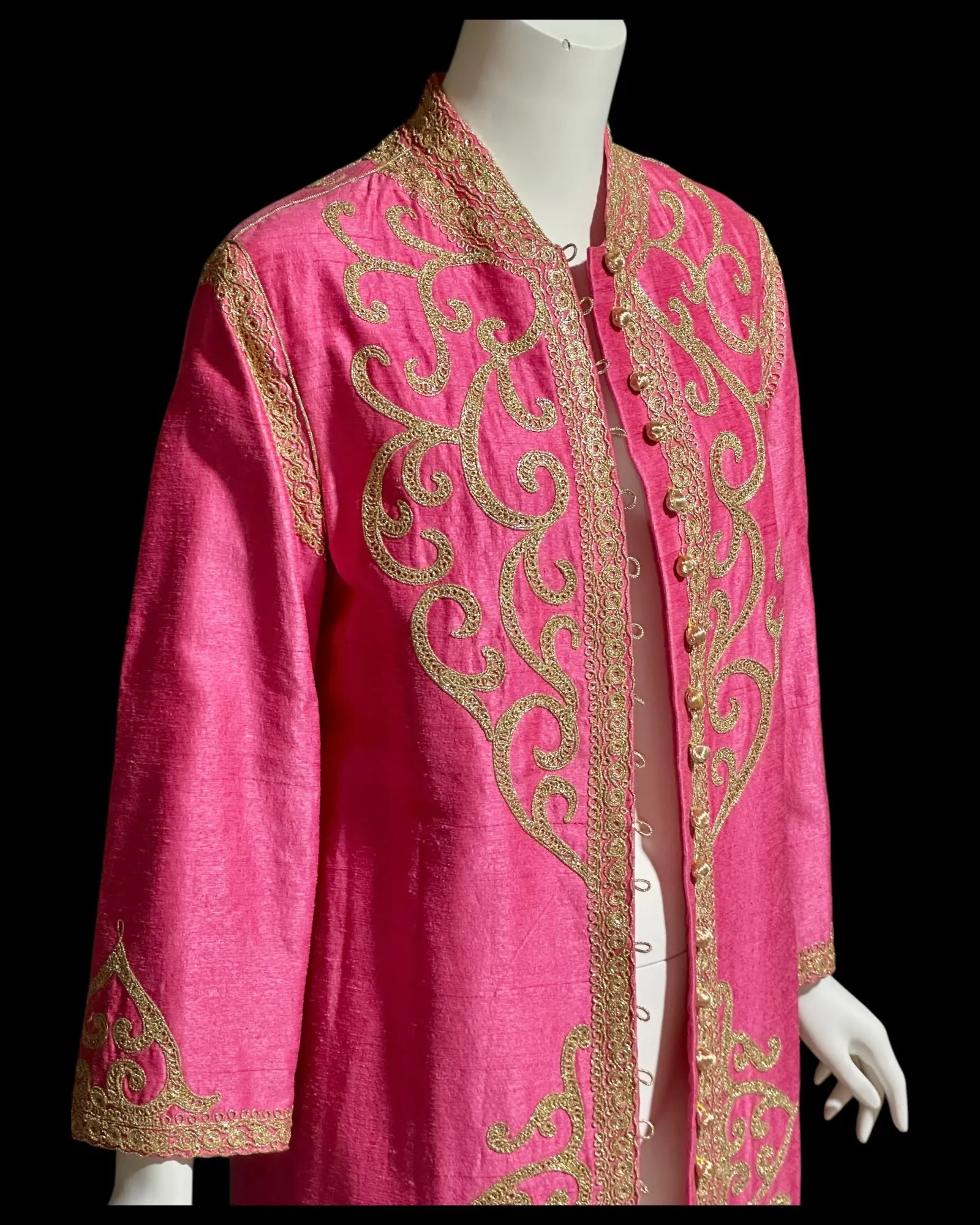 MOROCCAN KAFTAN vintage 1960s raw silk caftan dress, Hand Made Hot Pink and gold metallic
