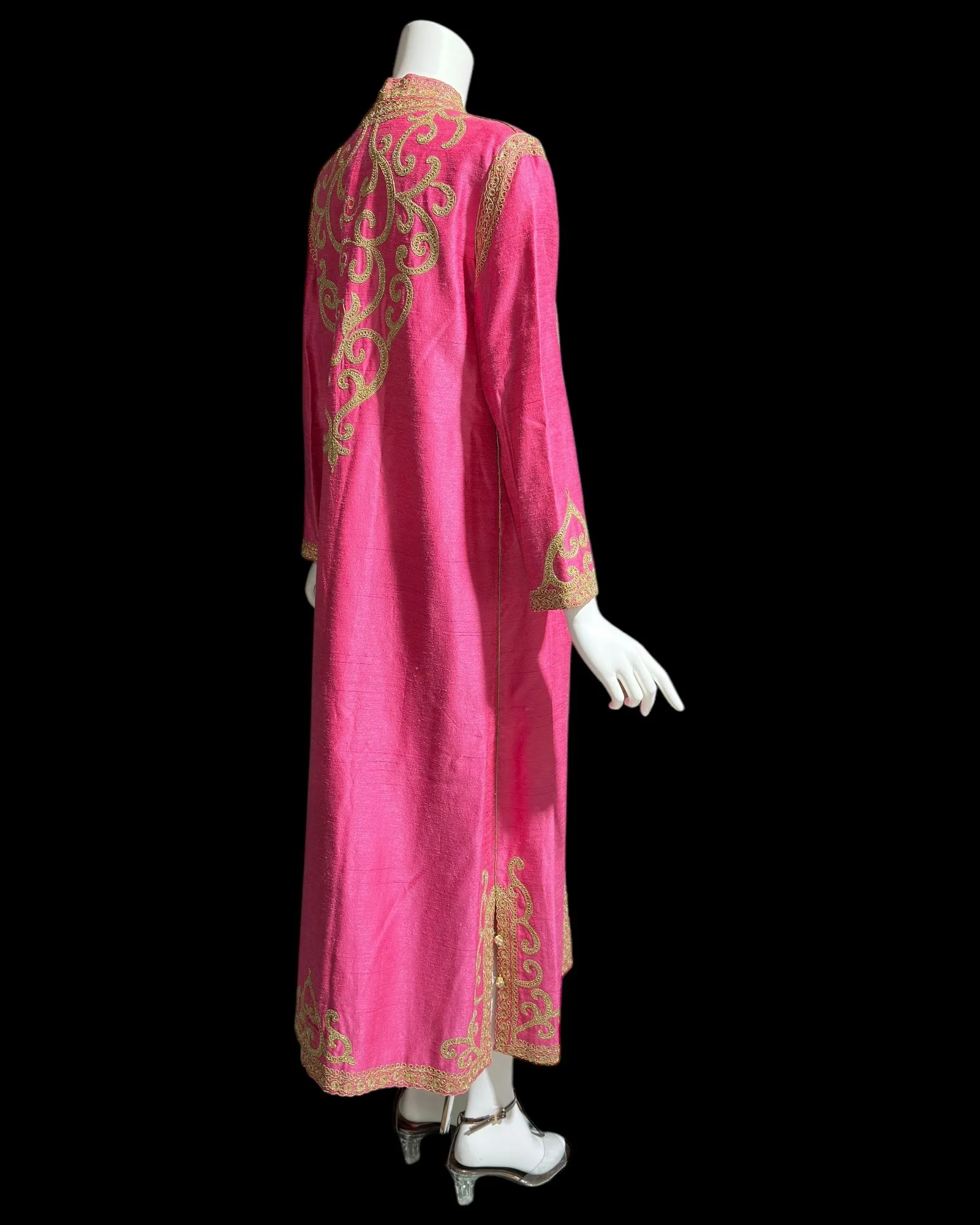 MOROCCAN KAFTAN vintage 1960s raw silk caftan dress, Hand Made Hot Pink and gold metallic