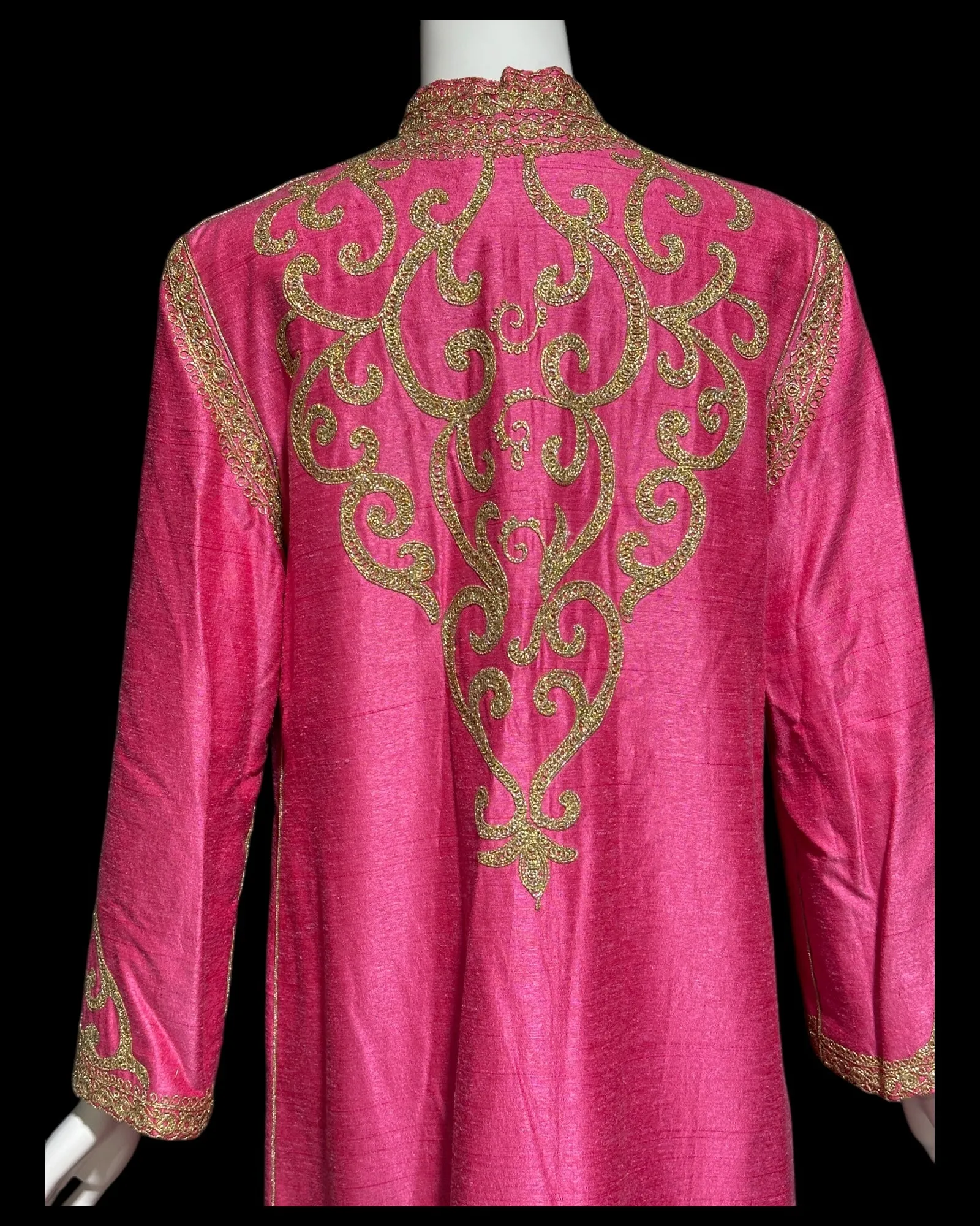 MOROCCAN KAFTAN vintage 1960s raw silk caftan dress, Hand Made Hot Pink and gold metallic