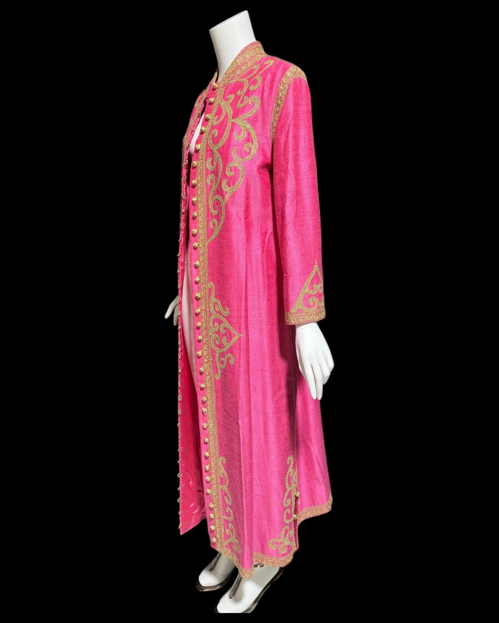 MOROCCAN KAFTAN vintage 1960s raw silk caftan dress, Hand Made Hot Pink and gold metallic