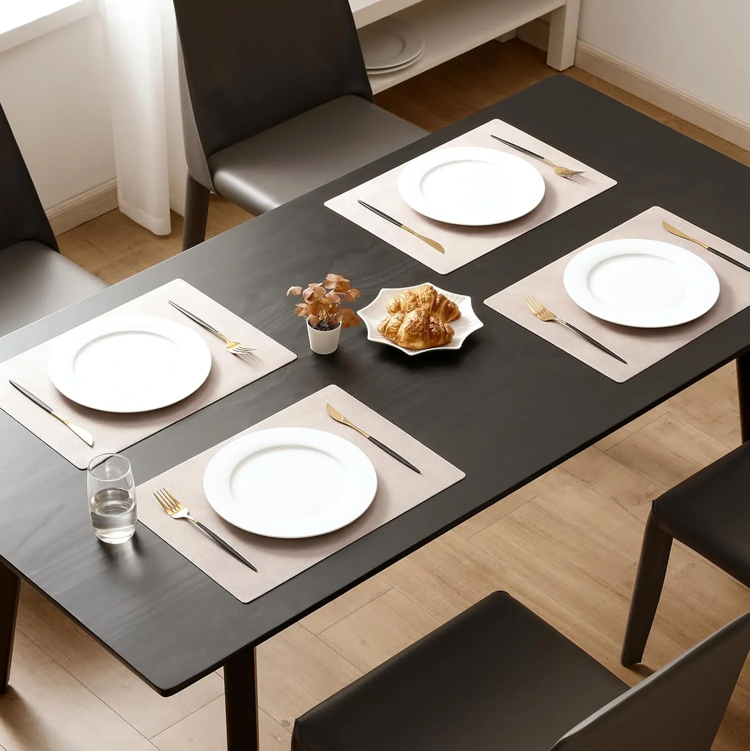 MOSAYT Vinyl Placemats Set of 6-12 X 17 Inch - Faux Leather 100% Waterproof Oil-Proof Wipeable PU Place Mats, Heat Resistant Reversible Table Mats for Kitchen, Dining, Outdoor (Beige)