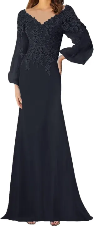 Mother of The Bride Dresses Long Sleeves Formal Evening Gowns Laces Appliques Wedding Party V-Neck Prom Dress