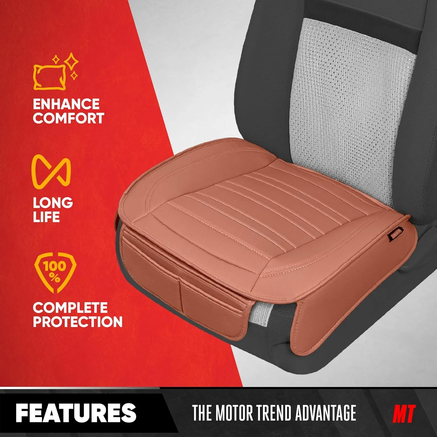 Motor Trend Faux Leather Front Seat Cover for Cars - Set of 2 Brown Front Car Seat Covers for SUV & Truck with Storage Pockets - Automotive Car Seat Cover Protector - for Bottom Cushion Coverage Only