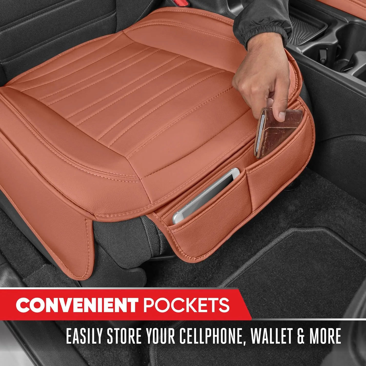 Motor Trend Faux Leather Front Seat Cover for Cars - Set of 2 Brown Front Car Seat Covers for SUV & Truck with Storage Pockets - Automotive Car Seat Cover Protector - for Bottom Cushion Coverage Only
