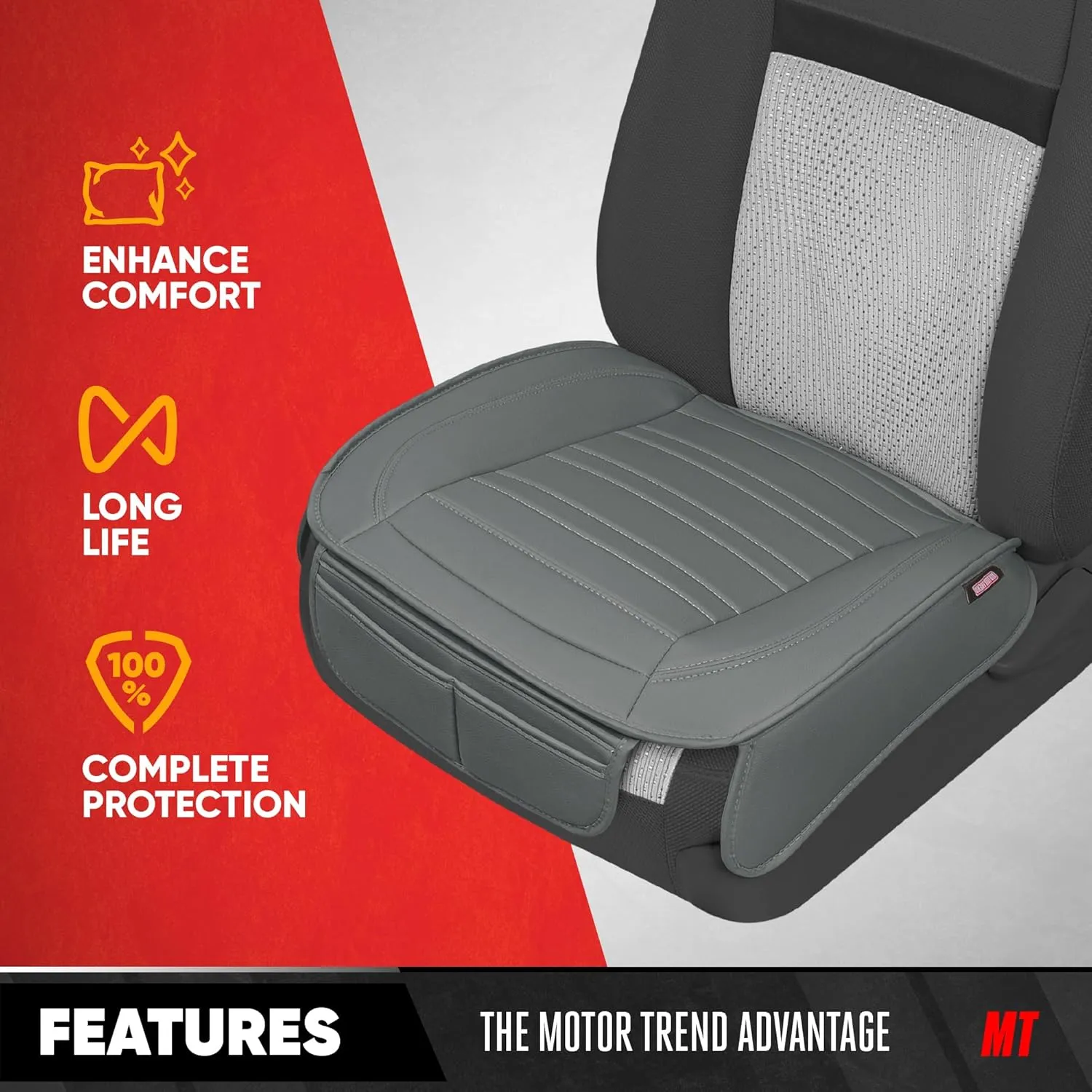 Motor Trend Seat Covers for Cars Trucks SUV, Faux Leather 2-Pack Gray Padded Car Seat Covers with Storage Pockets, Premium Interior Seat Cover