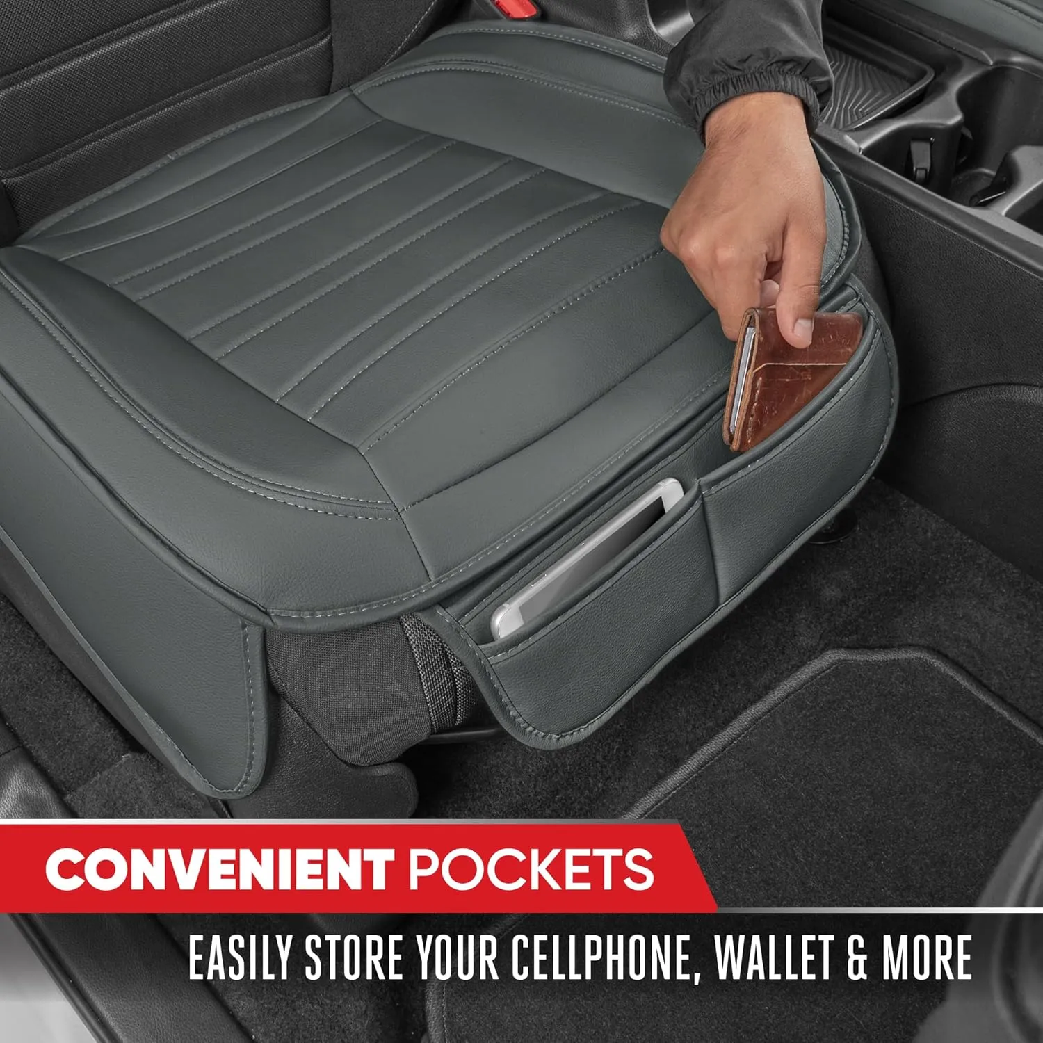 Motor Trend Seat Covers for Cars Trucks SUV, Faux Leather 2-Pack Gray Padded Car Seat Covers with Storage Pockets, Premium Interior Seat Cover
