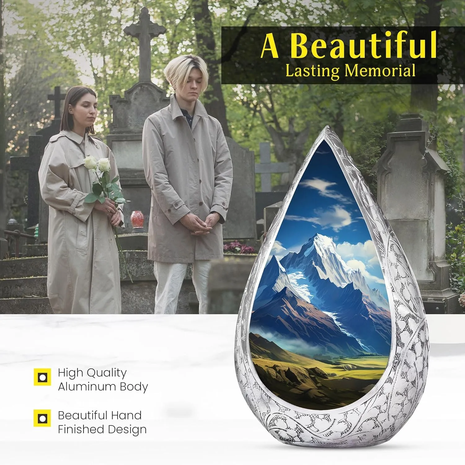 Mountain Cremation Urn for Human Ashes Grandpa & Grandma - Decorative Large Memorial Blue Drop Urns for Ashes Adult Male (10 Inch)