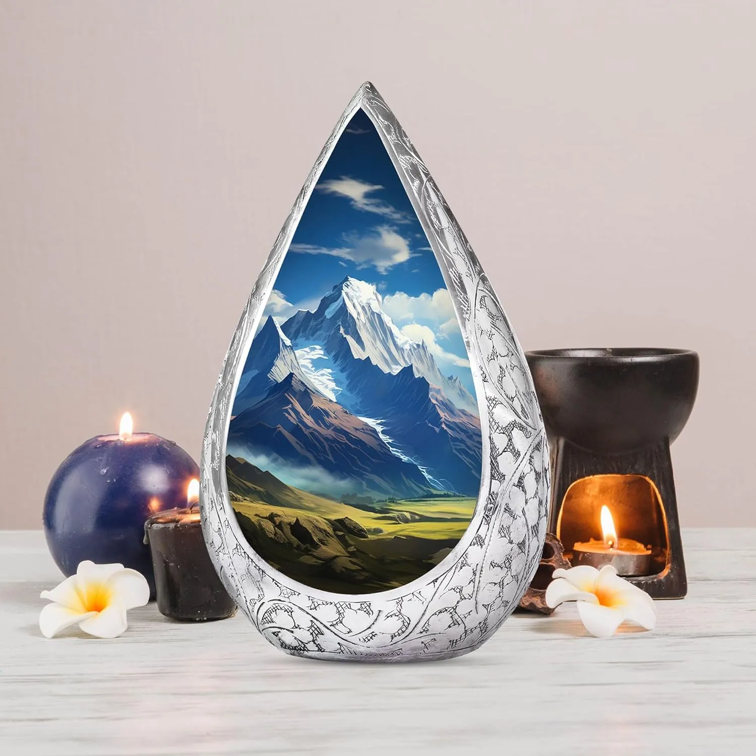 Mountain Cremation Urn for Human Ashes Grandpa & Grandma - Decorative Large Memorial Blue Drop Urns for Ashes Adult Male (10 Inch)