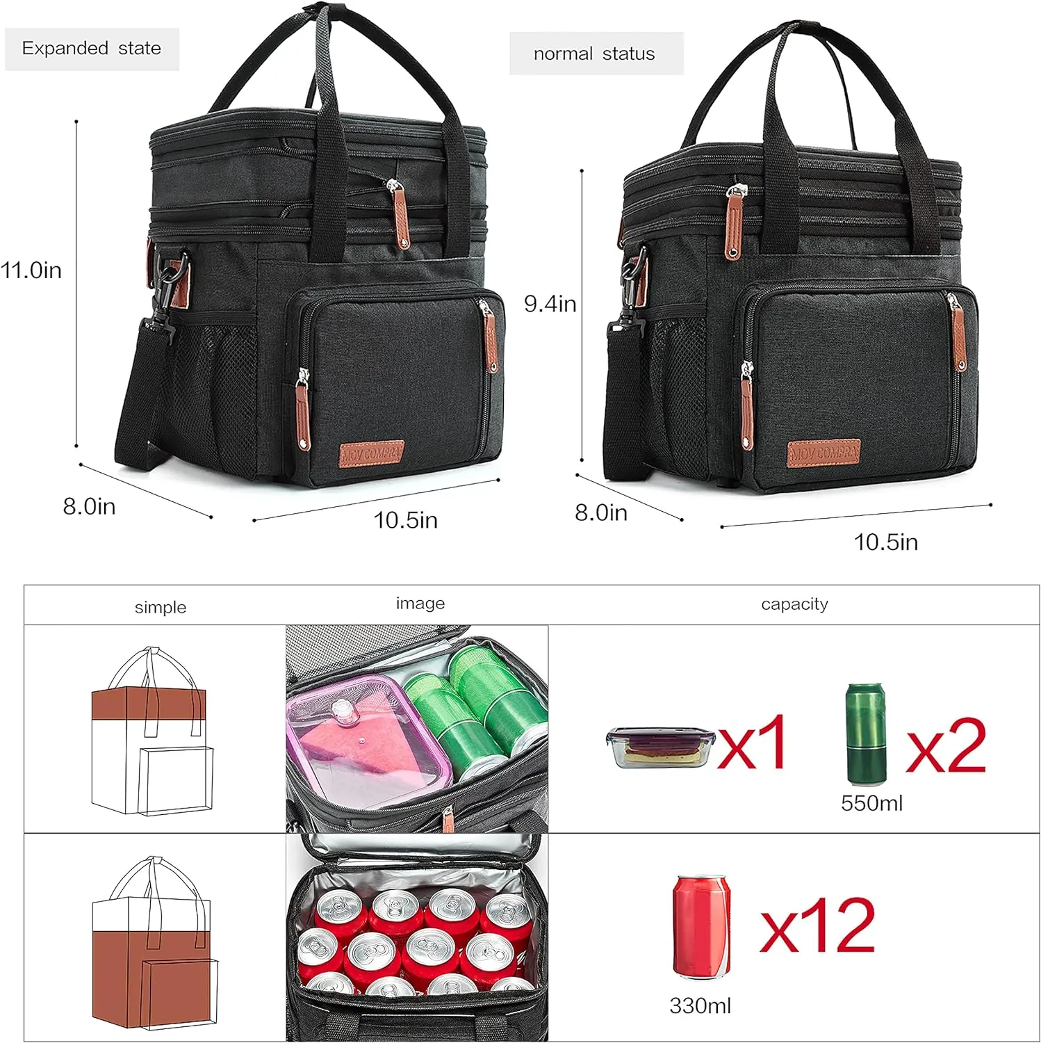 MOV COMPRA Lunch Bags for Men Women, Black Adult Lunch Box for Work, Expandable Leakproof Double Deck Lunch Box Cooler Tote Bag with Removable Shoulder Strap（Black）