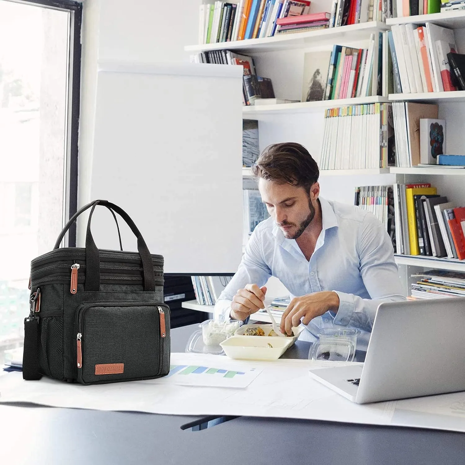 MOV COMPRA Lunch Bags for Men Women, Black Adult Lunch Box for Work, Expandable Leakproof Double Deck Lunch Box Cooler Tote Bag with Removable Shoulder Strap（Black）