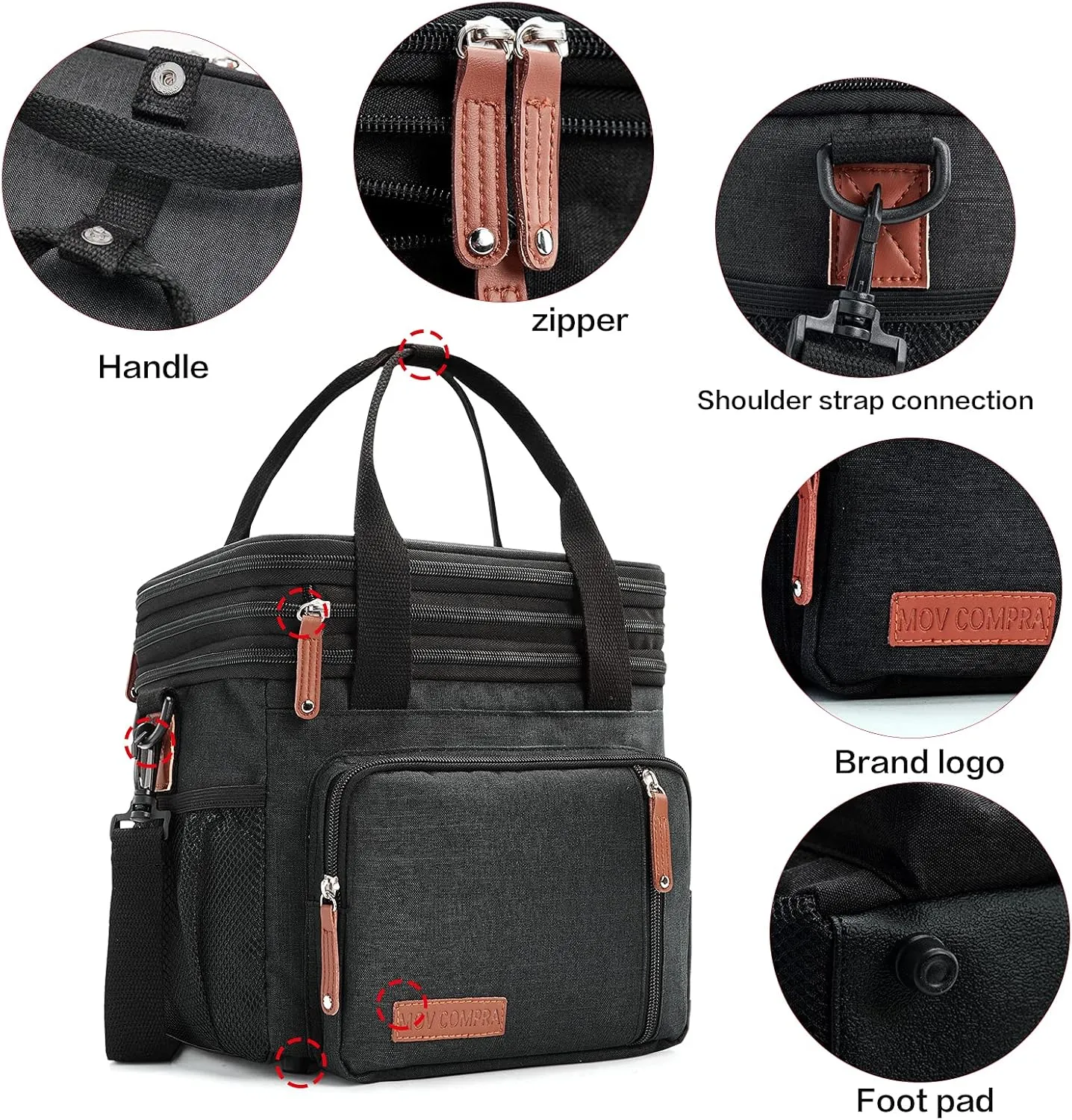 MOV COMPRA Lunch Bags for Men Women, Black Adult Lunch Box for Work, Expandable Leakproof Double Deck Lunch Box Cooler Tote Bag with Removable Shoulder Strap（Black）