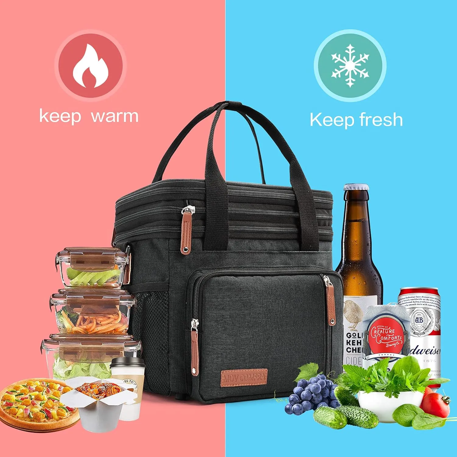 MOV COMPRA Lunch Bags for Men Women, Black Adult Lunch Box for Work, Expandable Leakproof Double Deck Lunch Box Cooler Tote Bag with Removable Shoulder Strap（Black）