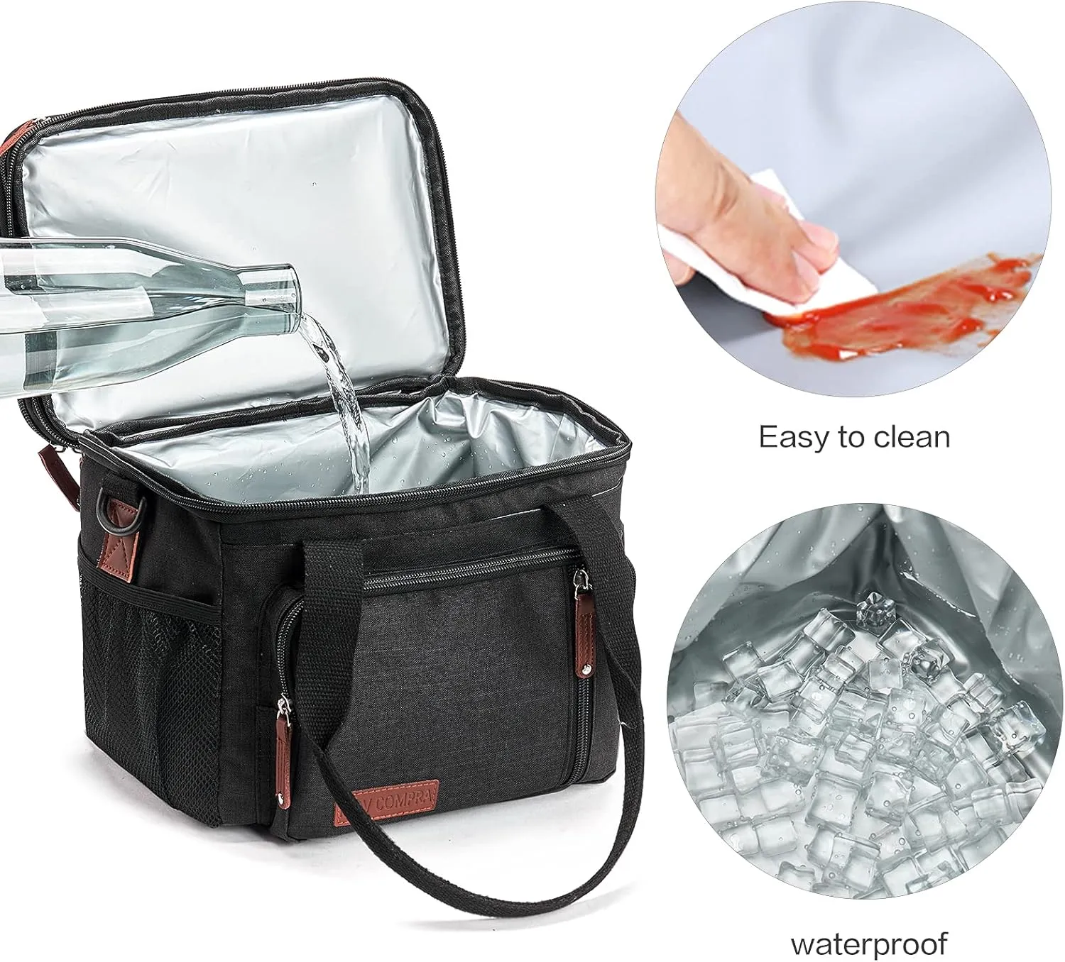 MOV COMPRA Lunch Bags for Men Women, Black Adult Lunch Box for Work, Expandable Leakproof Double Deck Lunch Box Cooler Tote Bag with Removable Shoulder Strap（Black）