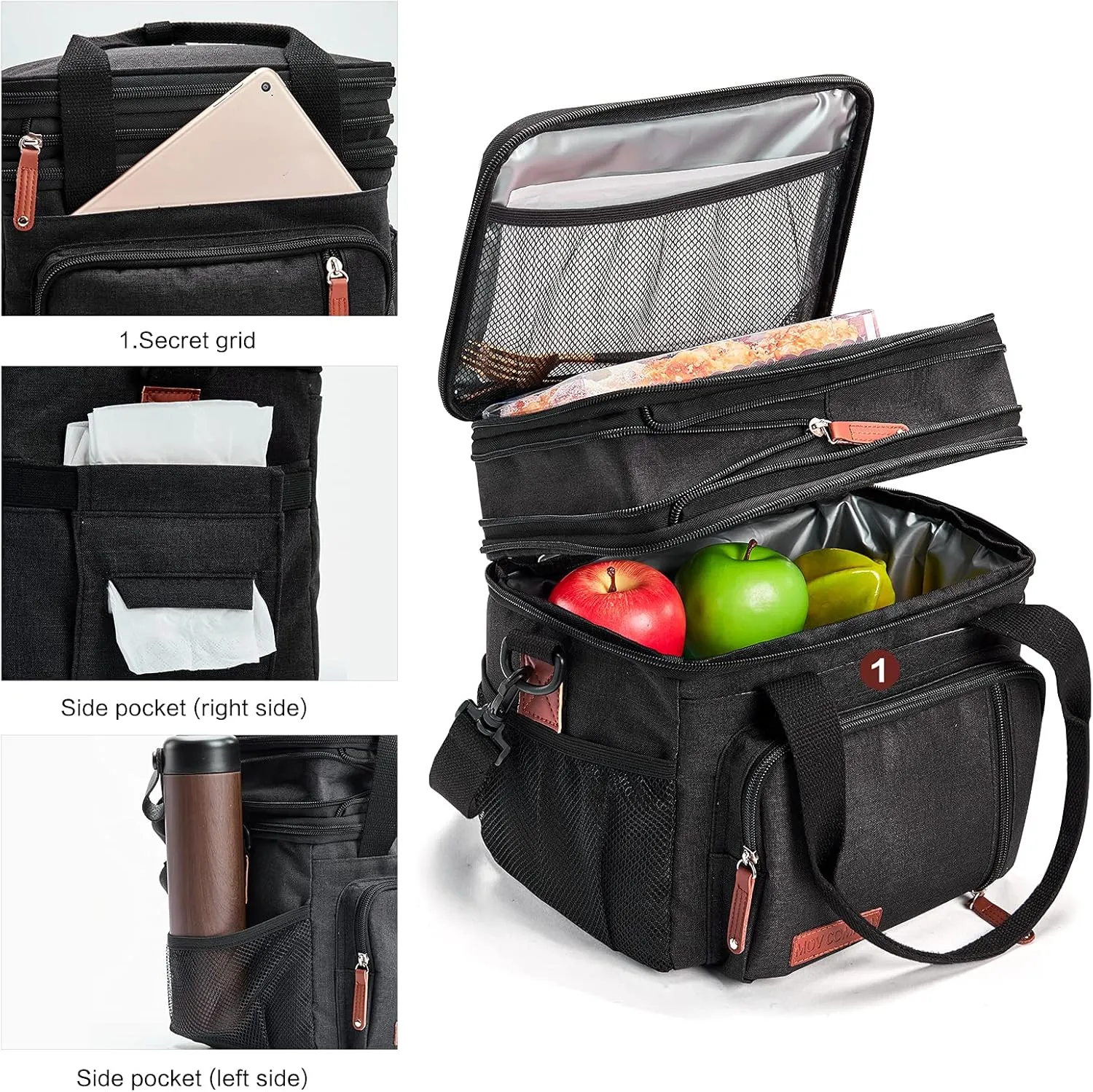 MOV COMPRA Lunch Bags for Men Women, Black Adult Lunch Box for Work, Expandable Leakproof Double Deck Lunch Box Cooler Tote Bag with Removable Shoulder Strap（Black）