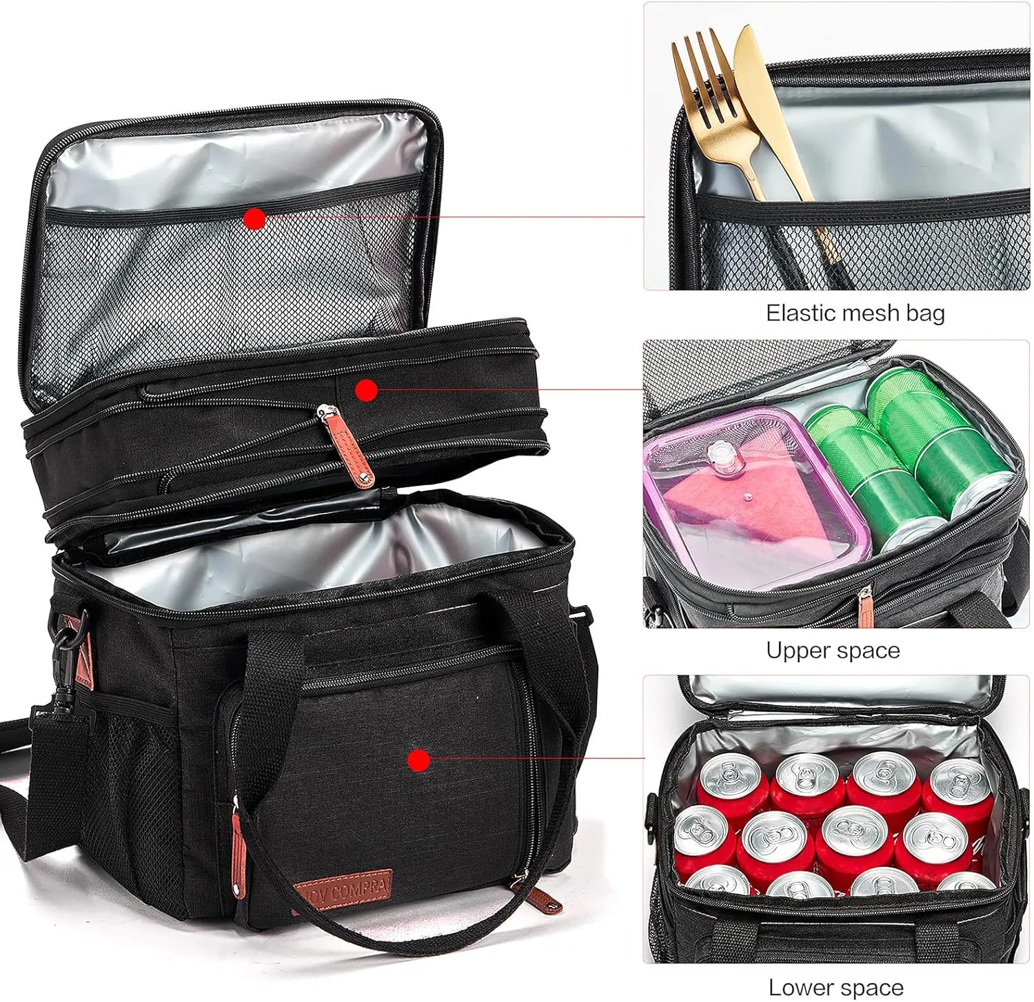 MOV COMPRA Lunch Bags for Men Women, Black Adult Lunch Box for Work, Expandable Leakproof Double Deck Lunch Box Cooler Tote Bag with Removable Shoulder Strap（Black）