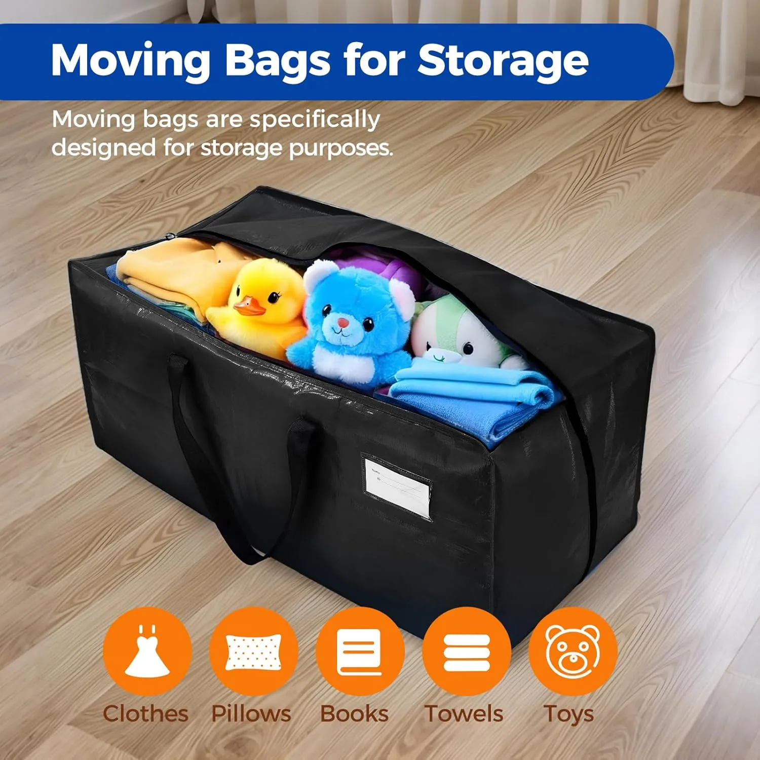Moving Bags Heavy Duty Extra Large, Black Moving Bags With Durable Zipper & Strong Handles, Packing Bags for College, Storage Bags for Clothes, Alternative For Moving Boxes (Black, 8 Pack)